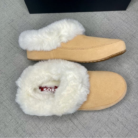 Sorel Women’s Go Coffee Run Slippers Tan Suede Leather Fur Slip On Shoes Nwt - Picture 11 of 16